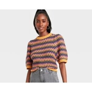 Universal Thread Women Multicolor Striped Knit Sweater Pullover Short Sleeve XS